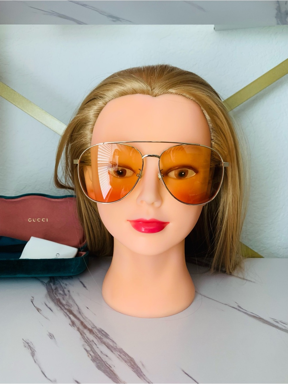 Gucci Women's Gold Aviator Sunglasses with Amber-Red Gradient Lenses - Picture 2 of 6